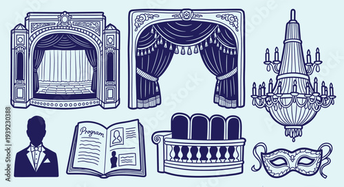 Vintage theater elements including stage curtains opera house facade chandelier mask and program for artistic performance