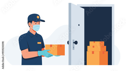 Professional delivery courier wearing a protective face mask and gloves delivers a cardboard package to a customer at their doorstep.