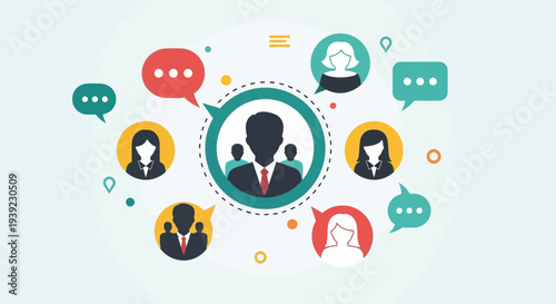 Teamwork communication concept: people talking in speech bubbles around a central group