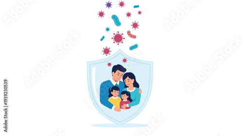 Family with two children protected by a large transparent shield from dangerous airborne viruses and colorful bacteria particles.