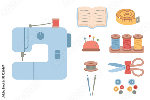 Sewing Machine and Craft Kit, Flat Vector Tailor Tools and Needlework Accessories