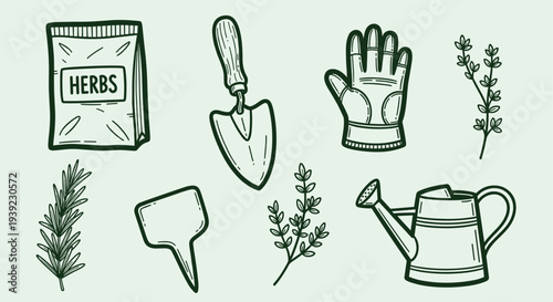 Gardening tools and herbs for planting and cultivation in a delightful hand drawn illustration style