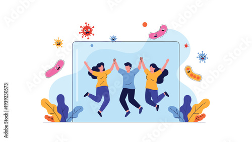 Three cheerful friends jumping with joy behind a protective glass barrier to stay safe from colorful floating virus particles.