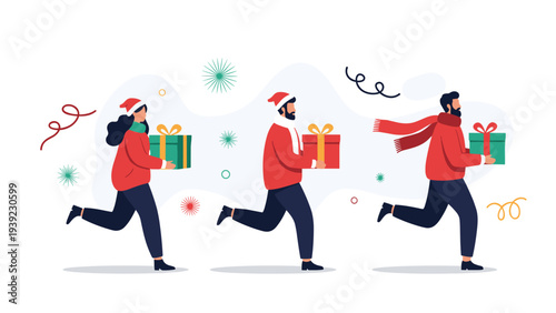 Group of three people in red sweaters and Santa hats running while carrying colorful wrapped Christmas presents to give to friends.