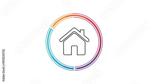 Simple line icon of a house enclosed in a vibrant colorful circular frame isolated on a plain white background for real estate.
