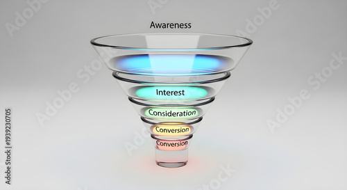 3D Render Glass Marketing Sales Funnel Stages: Awareness, Interest, Consideration, Conversion, Retention