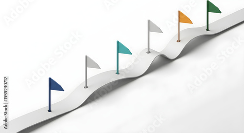 Abstract Wavy Road with Colorful Flags Representing Milestones and Progress