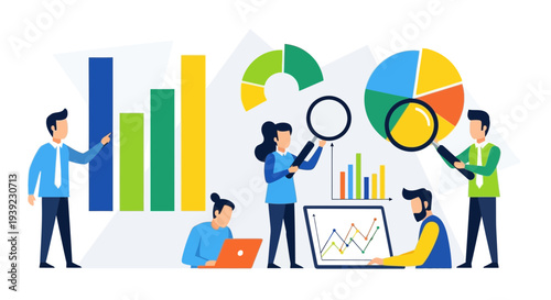 Business analytics team analyzing data with charts, graphs, and magnifying glass