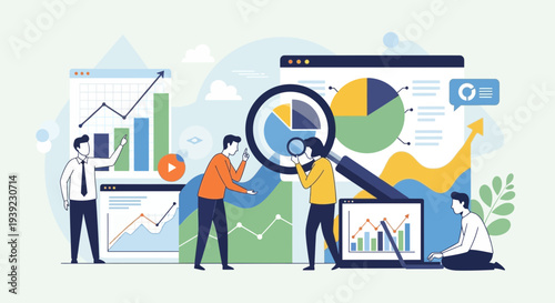 Business analytics team analyzing financial charts and data with magnifying glass and laptop