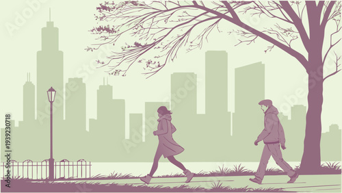 A minimalist vector illustration of a couple walking in a city park with a skyline background