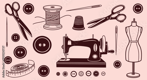 Vintage sewing machine and accessories collection for crafting and tailoring hobbies