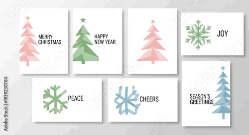 Geometric Christmas Cards with Trees and Snowflakes - Merry Christmas, Happy New Year, Joy