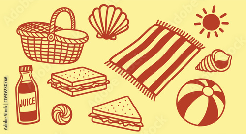Summer picnic essentials including a basket, sandwiches, juice, beach ball, and striped blanket on a yellow background