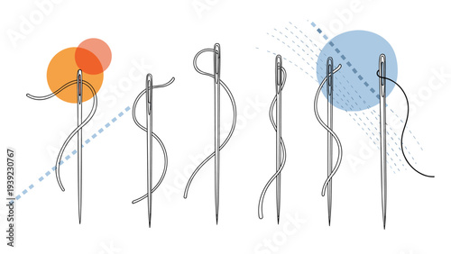 Creative set of sewing needles with threads in various positions decorated with colorful geometric shapes and minimalist lines.