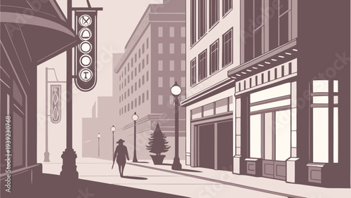 A minimalist vector illustration of a man walking down a city street with buildings and streetlights