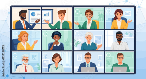 Diverse group of people in a video conference call, online meeting, remote work