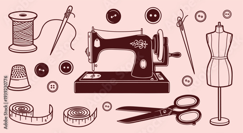 Vintage sewing machine with thread needle buttons thimble scissors measuring tape and mannequin for tailoring and dressmaking
