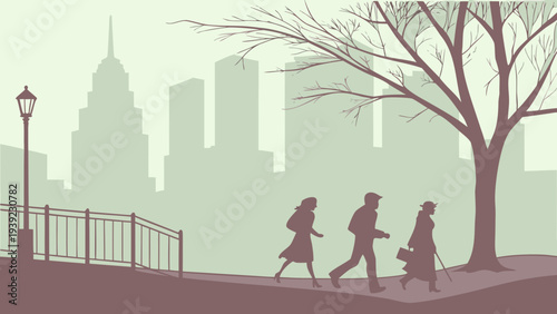A minimalist vector illustration of people walking in a cityscape with a tree and streetlight