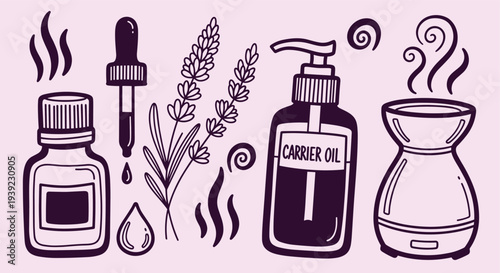 Aromatherapy essential oil diffuser with lavender and carrier oil bottles for relaxation and wellness