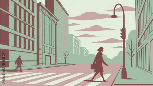 A minimalist vector illustration of a woman crossing a city street with buildings and a traffic light