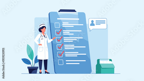 Professional female nurse in a white coat pointing at a giant medical clipboard with a checklist of health tasks and notes.