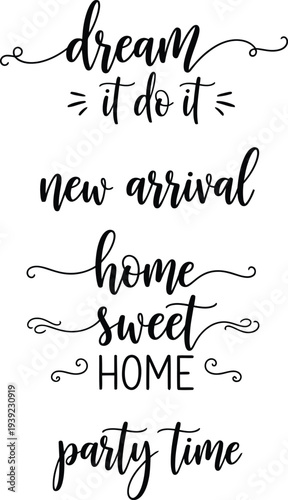 A collection of inspirational and celebratory phrases in elegant script font