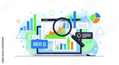 SEO analysis with charts, graphs, and magnifying glass on laptop screen