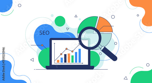 SEO Analytics Laptop Chart Magnifying Glass Pie Chart Data Growth Strategy