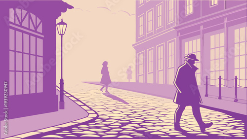 A minimalist vector illustration of a man walking down a cobblestone street in a city at sunset