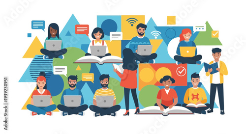 Diverse students learning online, collaborating with laptops and books, modern education concept