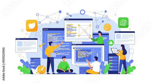 Teamwork in software development, coding and data analysis with charts and graphs