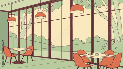 A minimalist vector illustration of a modern cafe interior with large windows and orange chairs