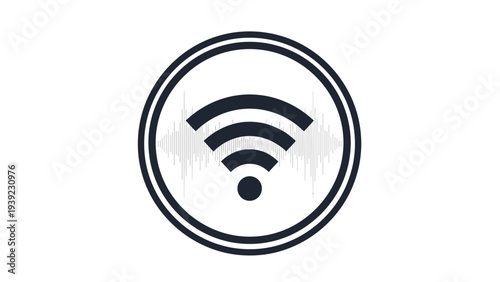 Minimalist Wi-Fi signal icon inside a circular frame with stylized sound wave patterns in the background for internet connectivity.