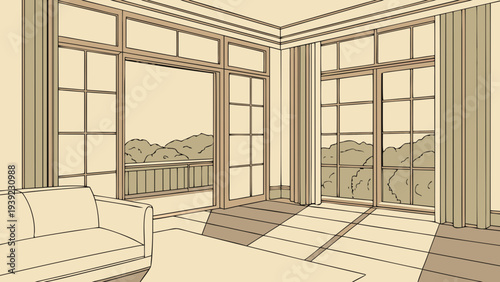 A minimalist line art illustration of a modern living room with large windows and a mountain view