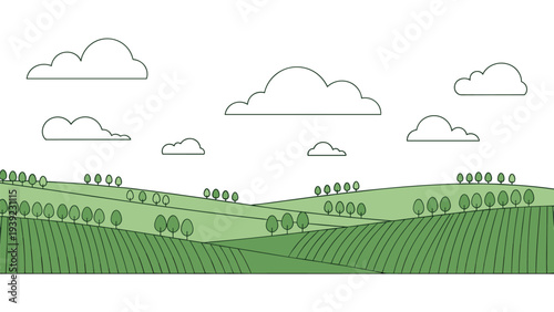 Rolling green hills with rows of trees and clouds depicted in a simple line art landscape style for agriculture or nature themes.