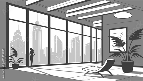 A minimalist office interior with a city view and a person standing by the window