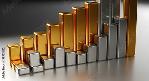 3D Render of Metallic Gold and Silver Bar Chart Showing Business Growth and Progress