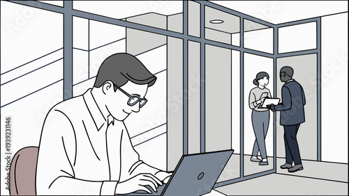 A man works on his laptop in a modern office cubicle while colleagues interact in the background.