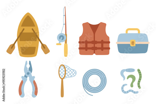 Fishing Adventure Equipment Set, Flat Vector Fishing Rod Boat and Life Vest Outdoor Clipart
