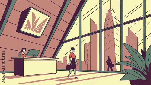 A modern office lobby with a reception desk and a city view