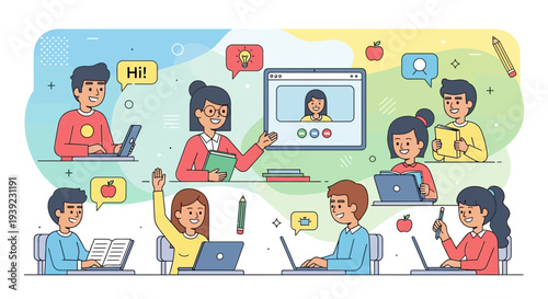 Online education, students learning remotely with teacher on video call, e-learning concept