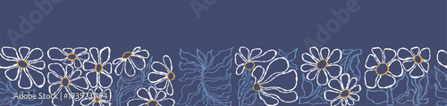 Seamless Floral Border of Matisse Inspired Hand-Drawn. White Abstract Outlines Flowers and Leaves On Dark Blue Indigo Background. Horizontal Botanical Pattern For Ribbon. Vector Illustration