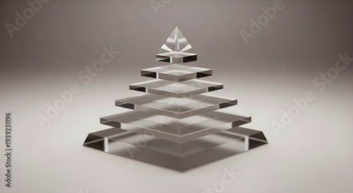 3D Render, Minimalist Clear Glass Christmas Tree with Stacked Geometric Layers