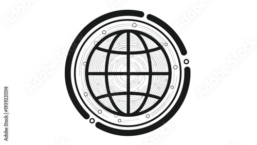 Stylized circular icon of a globe within a decorative border featuring dots and lines, perfect for global branding, networking, and planet themes.