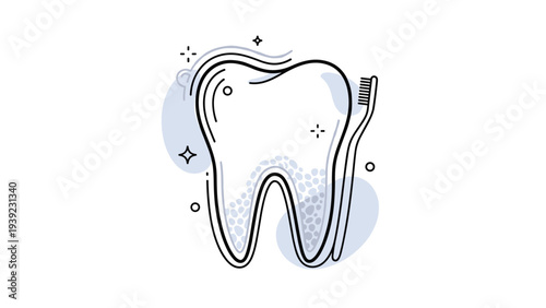 Large cartoon tooth illustration with a toothbrush, bubbles, and sparkles to promote dental health, oral hygiene, and routine checkups for kids.