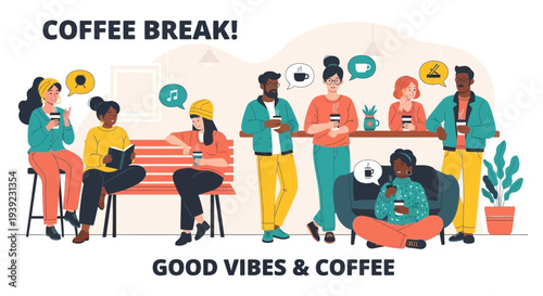 Diverse group of friends enjoying coffee break, chatting and relaxing in a cozy cafe setting.