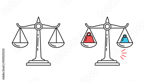 Two sets of justice scales showing balance and imbalance with a red weight on one side and a blue weight on the other for law and comparison themes.