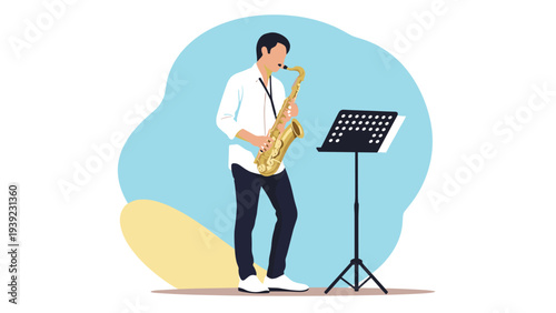 Musician playing a golden saxophone in front of a music stand with sheet music, set against an abstract blue and yellow background for jazz themes.