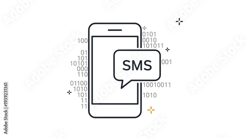 Smartphone outline with a speech bubble containing text and surrounded by binary code to represent mobile messaging, SMS, and data communication.