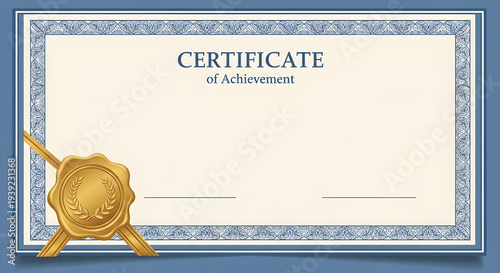 Blank Certificate of Achievement Template with Elegant Blue Border and Gold Wax Seal Vector